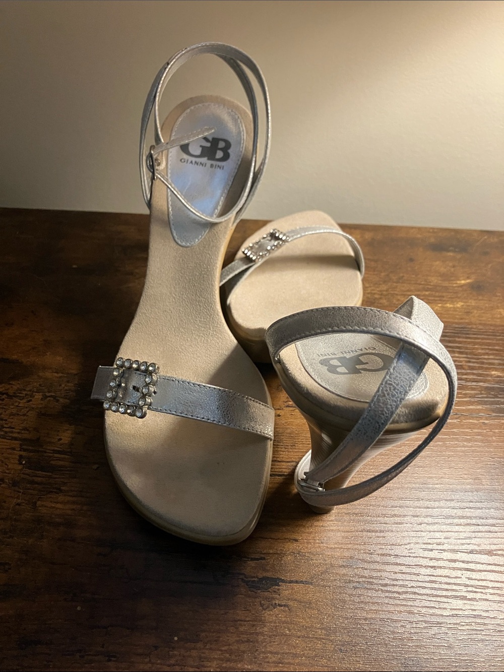 Gianni Bini Metallic Silver Ankle-Strap Sandals with Crystal Buckle